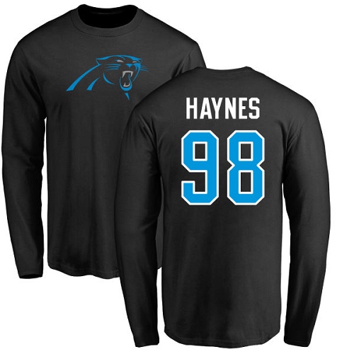 Carolina Panthers Men Black Marquis Haynes Name and Number Logo NFL Football #98 Long Sleeve T Shirt